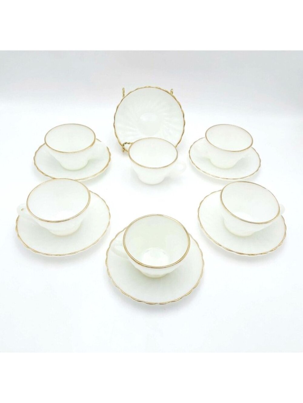 Fire King Cups & Saucers Set of 6 Milk Glass Gold Trim USA Made